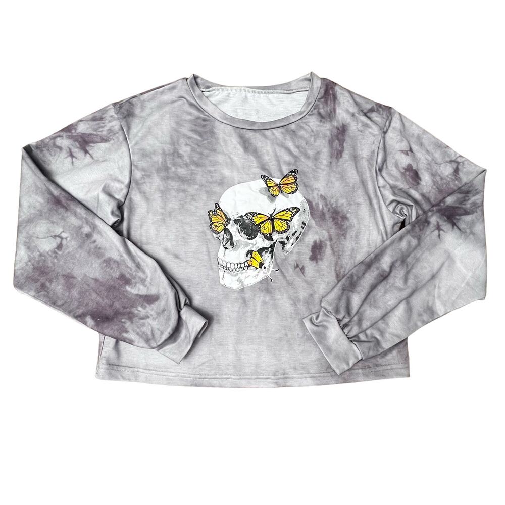 Rue 21 Romwe Gray White Tie Dye Skull Butterflies Halloween Crop Top Sm Size 4